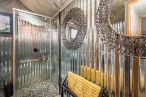 a bathroom with a shower and a mirror at Idwala Le Ingwe Lodge in Hekpoort