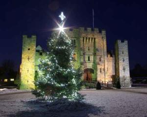 a christmas tree in front of a castle at night at Thatched Cottage B&B in Hever
