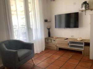 a living room with a chair and a flat screen tv at VILLA ALIZEE Appartement 4 in La Ramée
