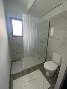 a white bathroom with a toilet and a shower at HOOliRé17 3étoiles in Ars-en-Ré