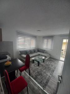 uma sala de estar com um sofá, uma mesa e cadeiras em Adagio Studio Apartment em Plav