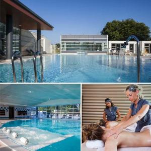 a collage of three pictures of people in a swimming pool at La Villa Morey in Casteljaloux
