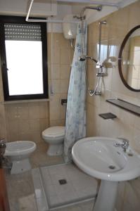 a bathroom with a sink and a toilet and a mirror at Appartamenti Primula Uno in Silvi Marina