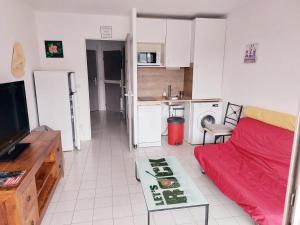 un soggiorno con divano rosso e una cucina di Appt F2, Centre ville, 700m de la plage a Cannes