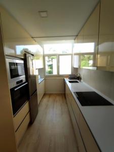 a kitchen with a sink and a refrigerator and windows at Elite House Estoril in Estoril