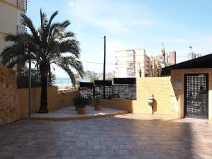 un edificio con una palmera frente a una valla en Pintor Sorolla, en Benidorm