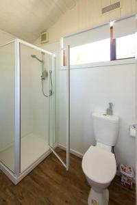 a bathroom with a toilet and a glass shower at Maldon Cosy Garden Cottage - Charming One Room Studio in Maldon