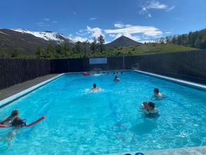 een groep mensen die zwemmen in een zwembad bij Soti Lodge in Fljot