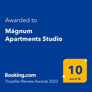 Palkinto, sertifikaatti, kyltti tai muu asiakirja, joka on esillä majoituspaikassa Mágnum Apartments Studio