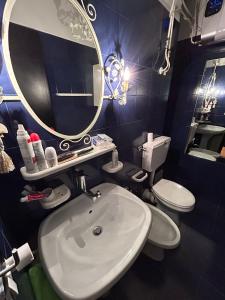 a bathroom with a sink and a toilet and a mirror at CASA DESIRE' in Piancavallo
