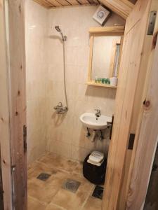 a small bathroom with a sink and a shower at Villetta di Faraya in Fārayyā