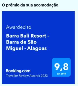 Certifikát, ocenenie alebo iný dokument vystavený v ubytovaní Barra Bali Resort - Barra de São Miguel - Alagoas