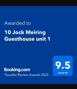 Сертифікат, нагорода, вивіска або інший документ, виставлений в 10 Jock Meiring Guesthouse unit 1