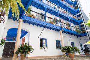 セビリアにあるDREAM Sevilla Apartmentの青いバルコニーと鉢植えの植物がある建物