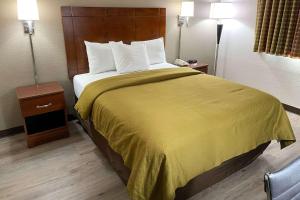 Habitación de hotel con cama grande con manta amarilla en Econo Lodge Cartersville-Emerson Lake Point, en Cartersville