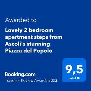 Sertifikatas, apdovanojimas, ženklas ar kitas apgyvendinimo įstaigoje Lovely 2 bedroom apartment steps from Ascoli's stunning Piazza del Popolo matomas dokumentas