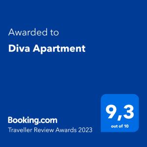 Certifikát, hodnocení, plakát nebo jiný dokument vystavený v ubytování Diva Apartment