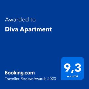 Et logo, certifikat, skilt eller en pris der bliver vist frem på Diva Apartment