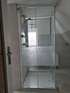 a shower with a glass door in a bathroom at fewo-brigitte in Buxtehude