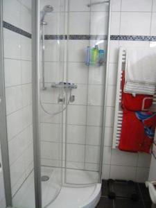 オーベルストドルフにあるFalkenberg-Wohnung-112のバスルーム(ガラスドア付きのシャワー付)