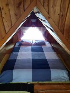 uma cama numa tenda com uma janela em Dzika Chata em Nowy Barkoczyn