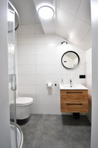 a bathroom with a sink and a toilet and a mirror at Sleepinn Gdansk Airport in Gdańsk-Rębiechowo