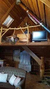 sala de estar con sofá y TV en el techo de madera en Dzika Chata en Nowy Barkoczyn