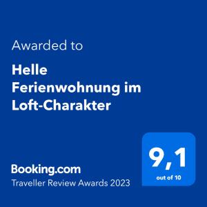 Сертификат, награда, табела или друг документ на показ в Helle Ferienwohnung im Loft-Charakter