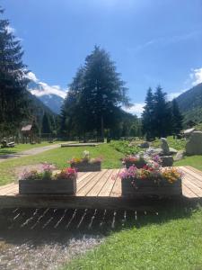 a wooden bridge with three potted flowers on it at Appartamento Eleonora in Vermiglio