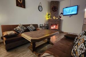 Una sala de estar con un sofá y una chimenea. en Cozy Home Bakuriani, en Bakuriani
