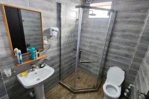 Un baño con ducha, lavabo e inodoro. en Cozy Home Bakuriani, en Bakuriani