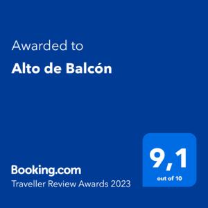 Sertifikatas, apdovanojimas, ženklas ar kitas apgyvendinimo įstaigoje Alto de Balcón matomas dokumentas