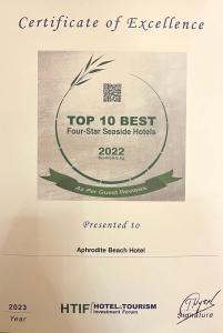Certifikát, hodnocení, plakát nebo jiný dokument vystavený v ubytování Aphrodite Beach Hotel