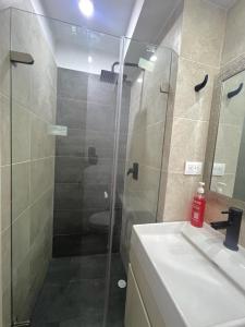 y baño con ducha acristalada y lavamanos. en Apartamento amoblado cerca al aeropuerto en Pereira