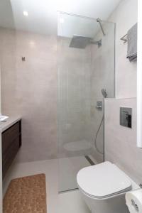 La salle de bains est pourvue de toilettes et d'une douche en verre. dans l'établissement Gran Capital Top Central Apartment, à Sofia