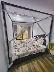 ein Schlafzimmer mit einem Himmelbett und einem Fenster in der Unterkunft Area 4 eco cubes in Ella