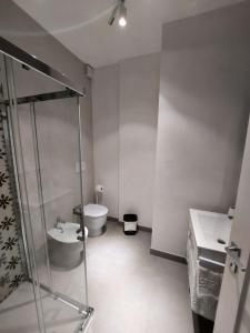 ein Bad mit einer Dusche, einem WC und einem Waschbecken in der Unterkunft Civico 72 in Martano