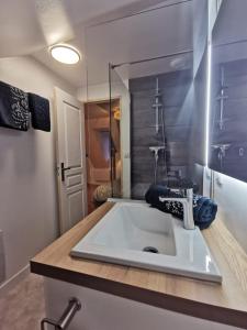 a bathroom with a sink and a mirror at Les appartements du centre, refaits à neuf, climatisés, hyper centre, 50m à pieds des commerces, restaurants, parking gratuit in Salies-de-Béarn