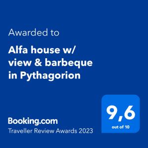 a blue sign that says awarded to alifa house w view and barabase in at Alfa house w/ view & barbeque in Pythagorion in Pythagoreio