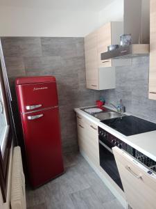 um frigorífico vermelho numa cozinha com um lavatório em Dachstein Apartments em Obertraun