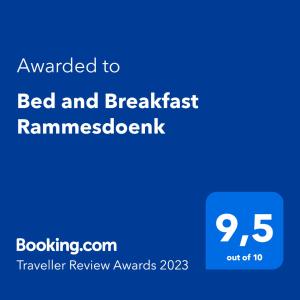 a blue sign that says awarded to bed and breakfastramacistromyacist at Bed and Breakfast Rammesdoenk in Raamsdonk