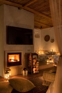 a living room with a fireplace and a flat screen tv at Salvaterra Country House & SPA in Salvaterra de Magos