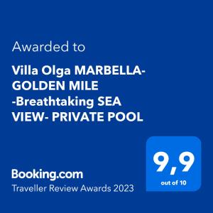 Certifikát, ocenenie alebo iný dokument vystavený v ubytovaní Villa Olga MARBELLA- GOLDEN MILE -Breathtaking SEA VIEW- PRIVATE POOL