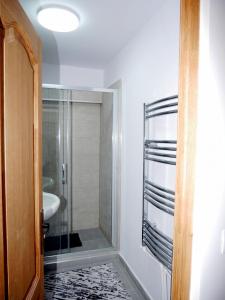 bagno con doccia e porta in vetro di Apartament David a Câmpulung Moldovenesc