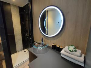 uma casa de banho com um lavatório e um espelho em Magnifique 3 étoiles en hyper centre avec place privée em Aix-les-Bains