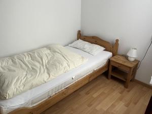 - une chambre avec un lit et une table de nuit avec une lampe dans l'établissement Hahnenklee Waldblick Cari, à Hahnenklee