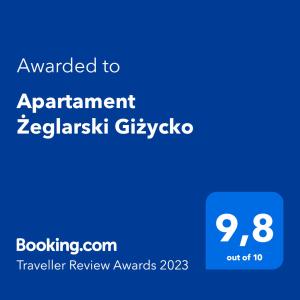 a blue screen with the text awarded to agreement zebristiskggaegae at Apartament Żeglarski Giżycko in Giżycko