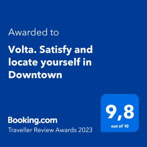 Un certificat, premiu, logo sau alt document afișat la Volta. Satisfy and locate yourself in Downtown