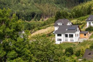 une maison blanche avec un toit noir sur une colline dans l'établissement Ferienwohnung Vergissmeinnicht Sauerland, à Schmallenberg