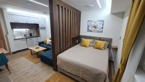 a small bedroom with a bed and a couch at Hotel Sunčana planina - Wellness & Spa - Kopaonik - Sunny Mountain Apartments in Kopaonik